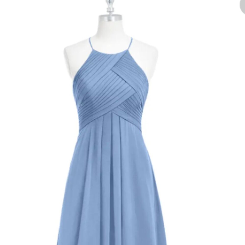 Azazie Steel Blue Chiffon Halter Pleated Bodice Dress